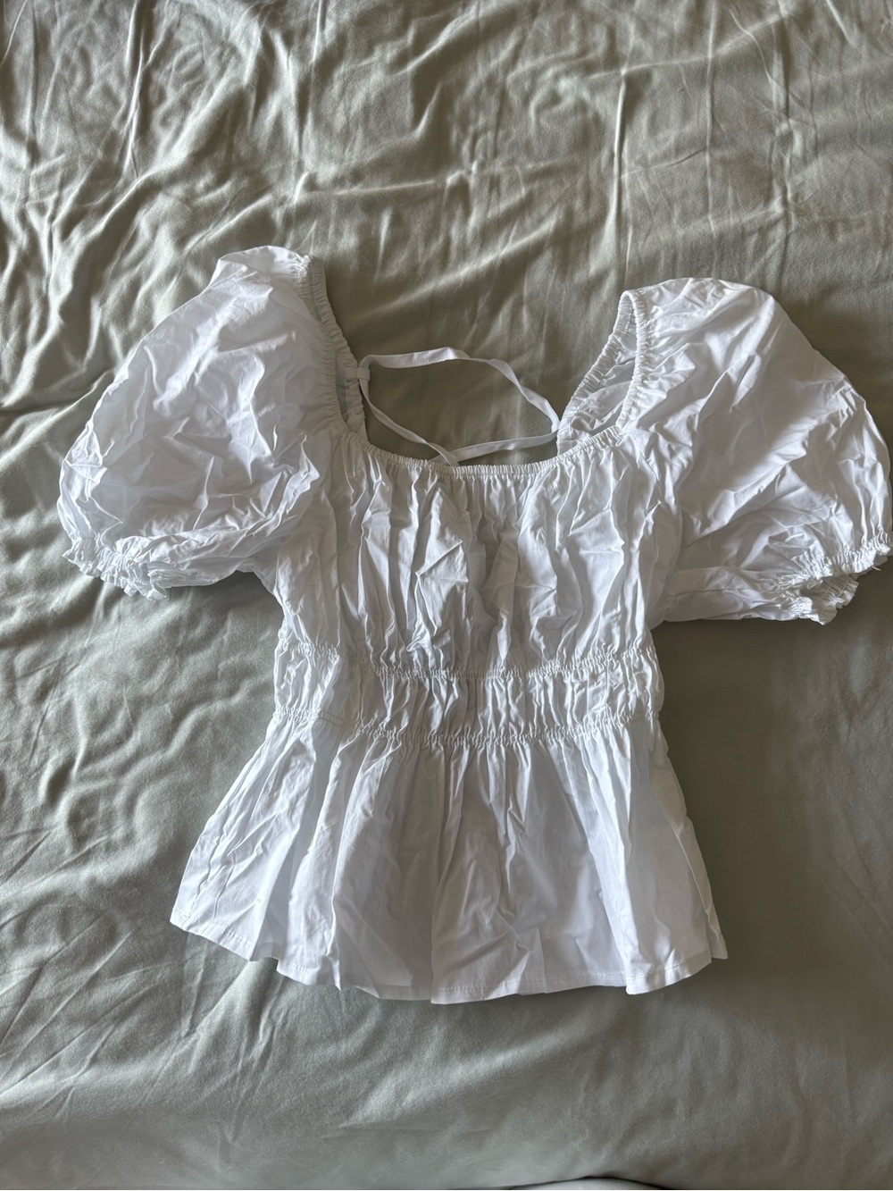 Sanctuary White Puff-Sleeve Smocked Peplum Blouse